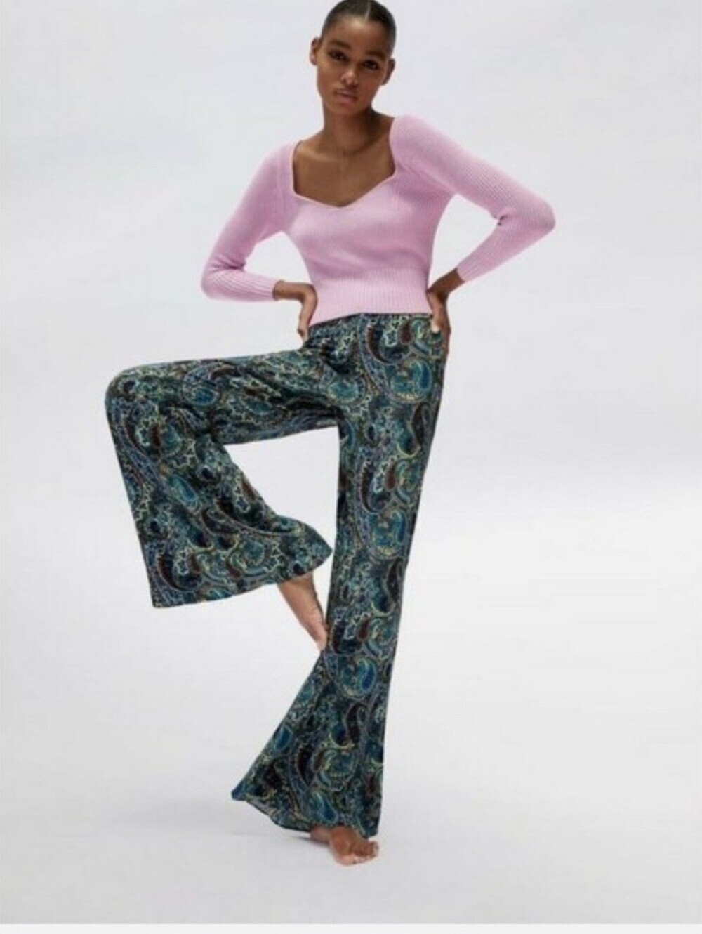 ZARA Paisley Flare Trouser Pants Womens SZ Small Green Bohemian 70's Inspo